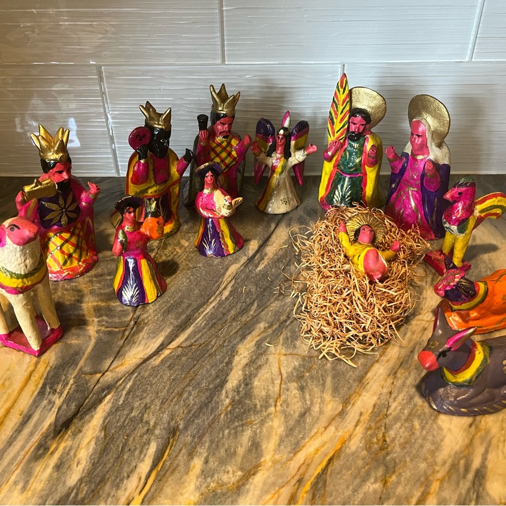 13 piece, hand made artisan vibrant color clay nativity, cresh, crèche set